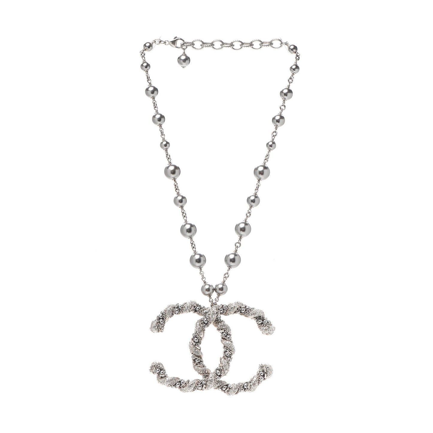 Crystal Pearl Twisted CC Necklace Silver