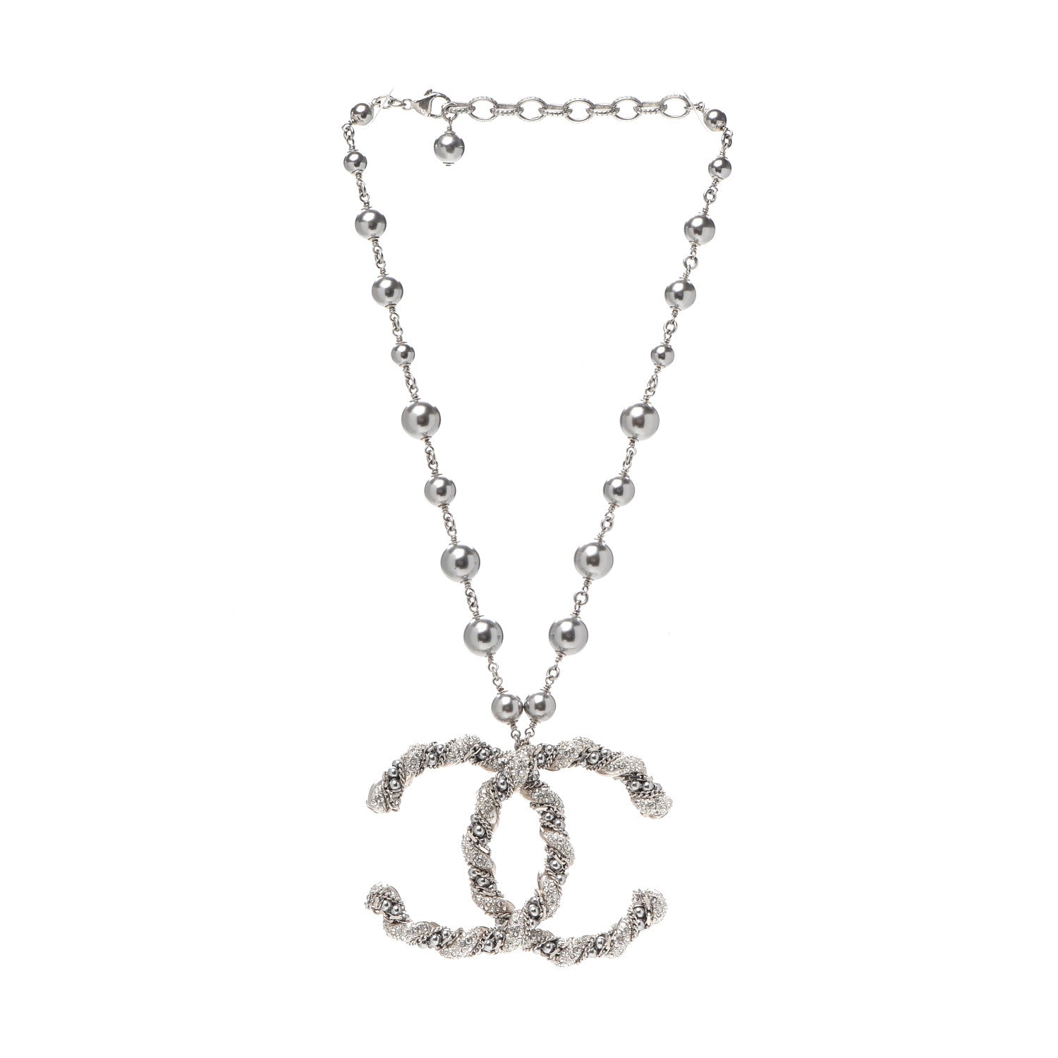 Chanel Crystal Pearl Twisted CC Necklace Silver 2 of 3