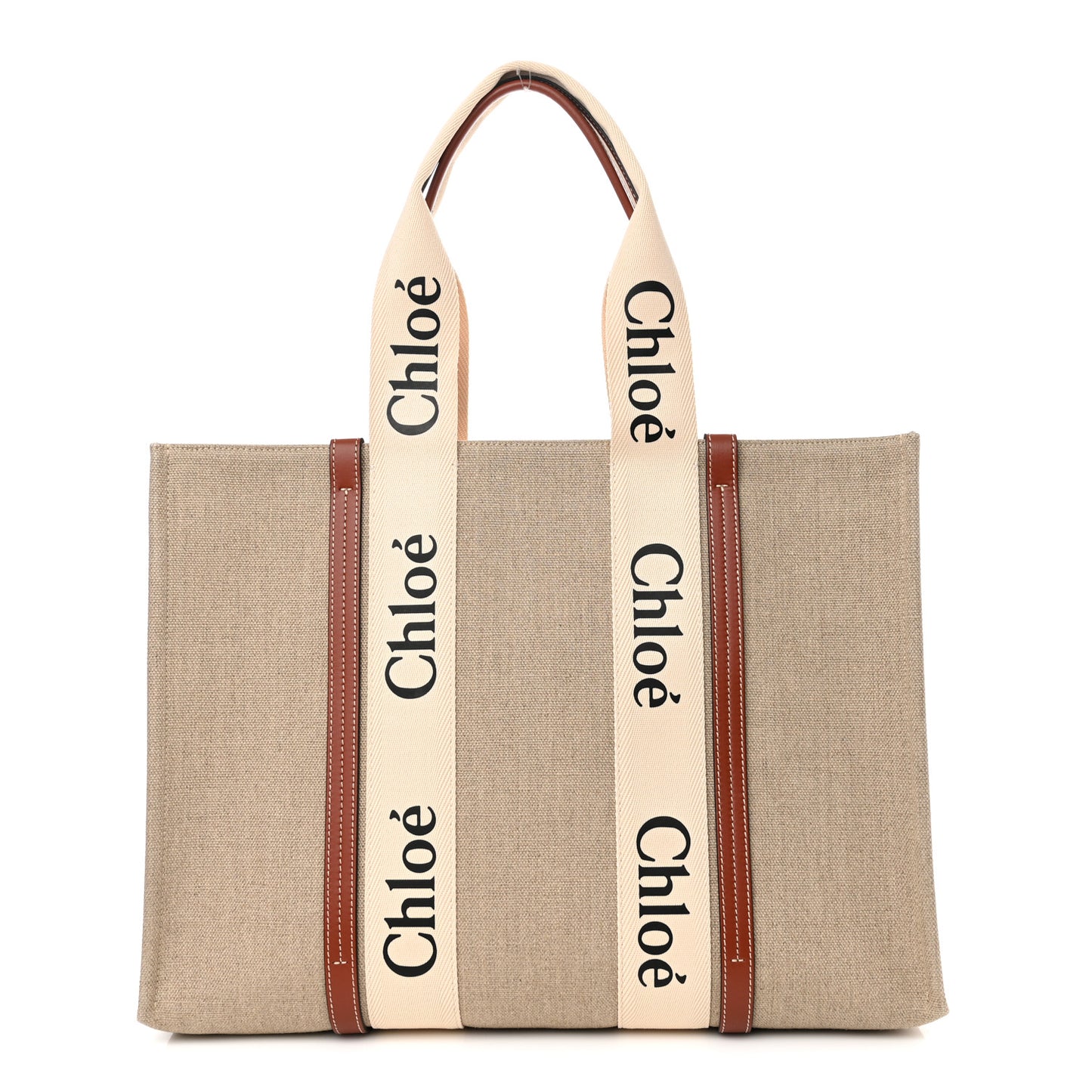 Linen Calfskin Large Woody Ribbon Tote White Brown