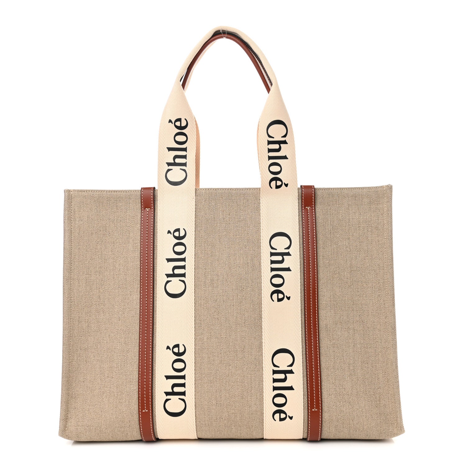 Chloe Linen Calfskin Large Woody Ribbon Tote White Brown 1 of 10