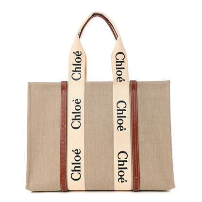 Chloe Linen Calfskin Large Woody Ribbon Tote White Brown 1 of 10