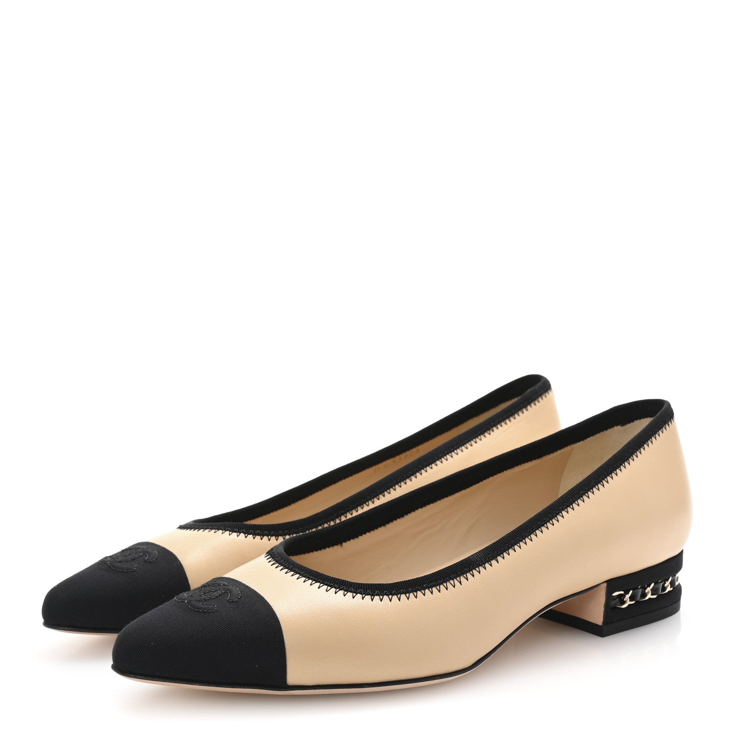 Chanel Lambskin Grosgrain Cap Toe Chain Pumps 38 Beige Black 4 of 10