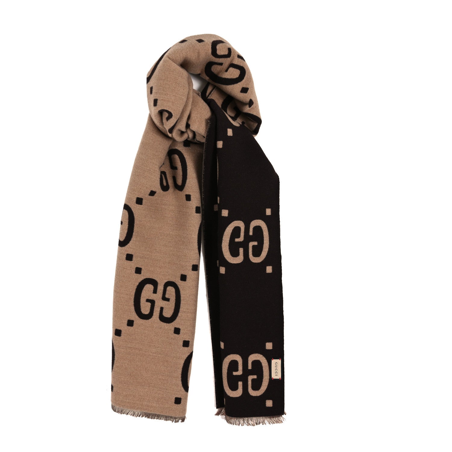 Gucci Wool Silk Monogram Jumbo GG Freedom Scarf Dark Brown Beige 1 of 3