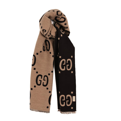 Gucci Wool Silk Monogram Jumbo GG Freedom Scarf Dark Brown Beige 1 of 3