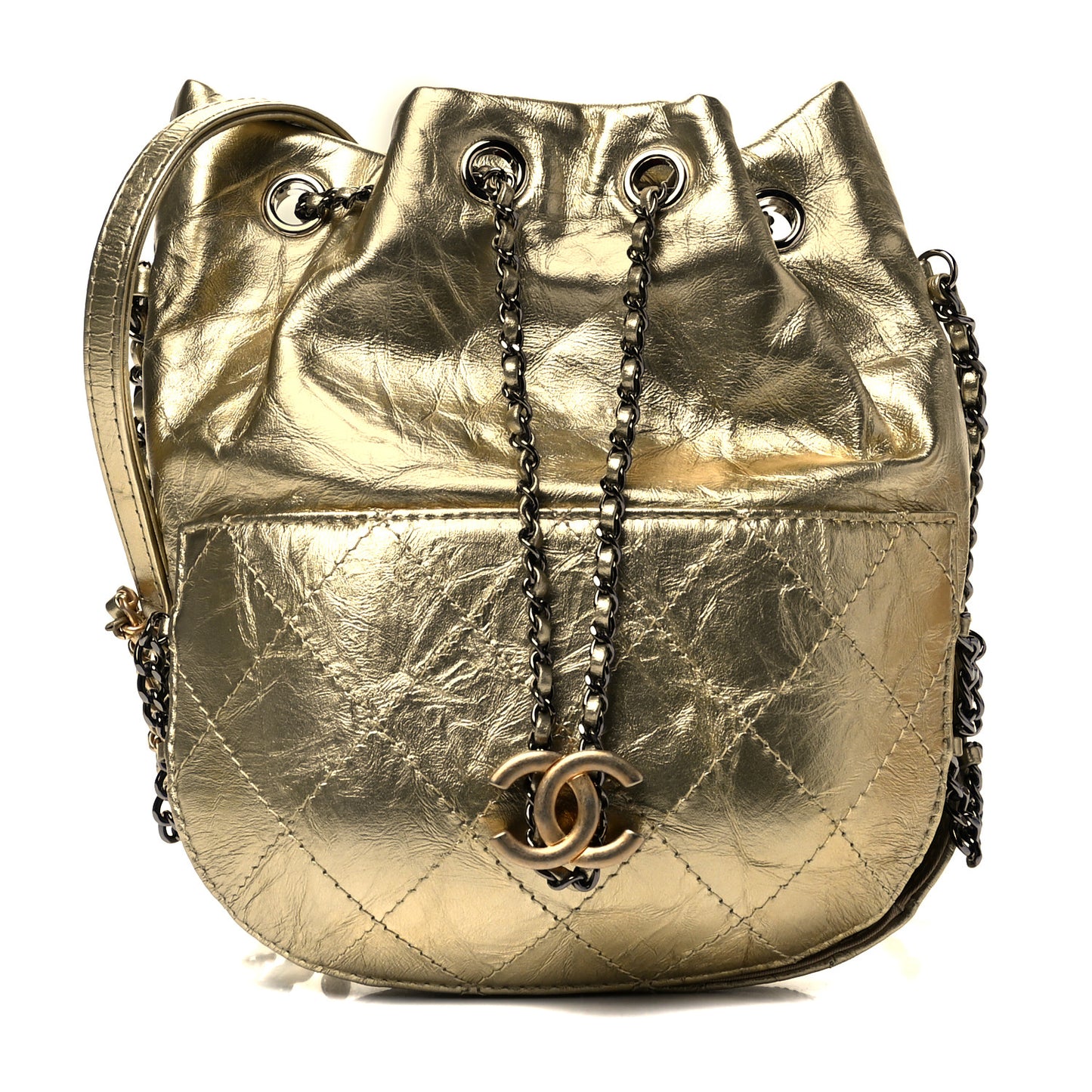 Metallic Aged Calfskin Quilted Small Gabrielle Bucket Gold
