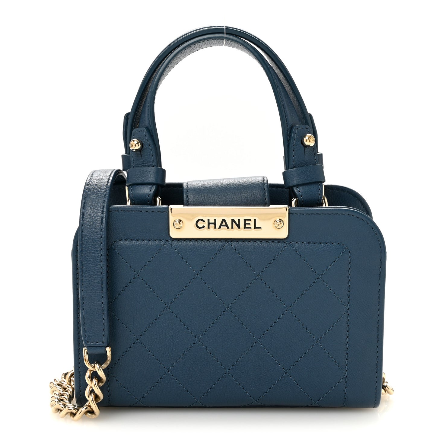 Grained Calfskin Stitched Mini Label Click Shopper Tote Blue