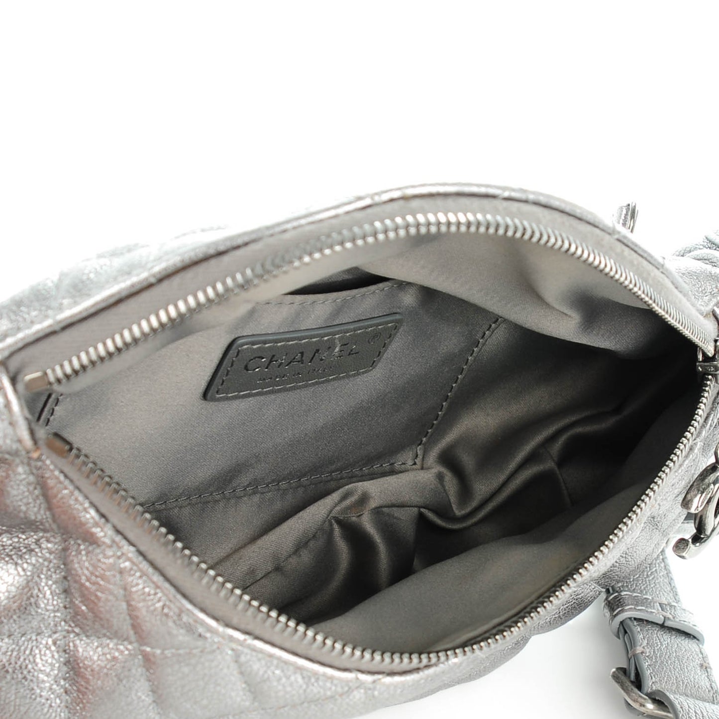 Metallic Goatskin Quilted Banane Waist Bag Fanny Pack Silver