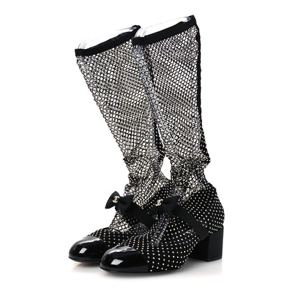 Chanel Resille Strass Kid Suede Patent Mary Jane Short Boots 37 Black 4 of 10