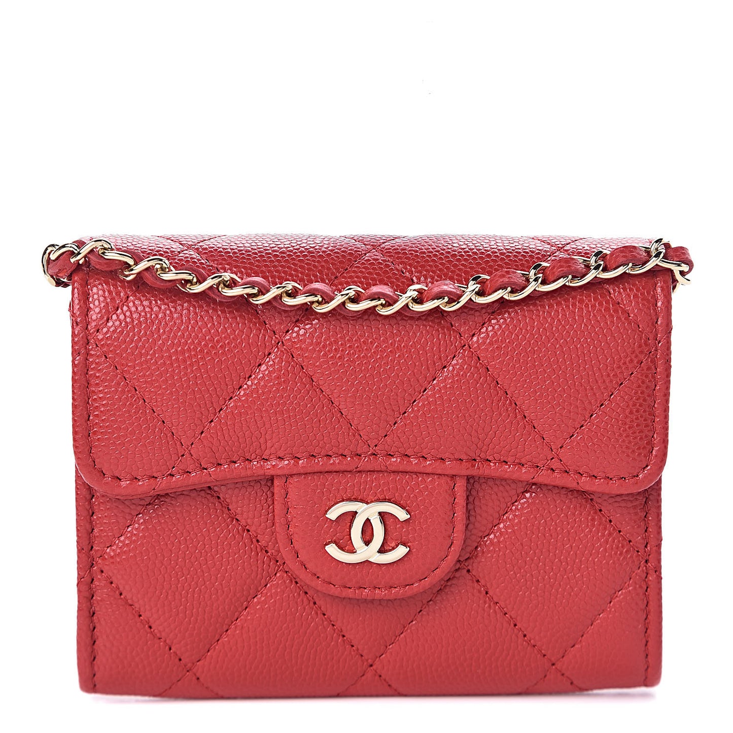 Caviar Quilted Flap Card Holder On Chain Red