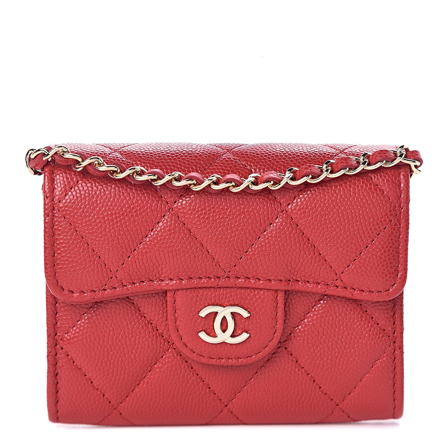Chanel Caviar Quilted Flap Card Holder On Chain Red 1 of 8