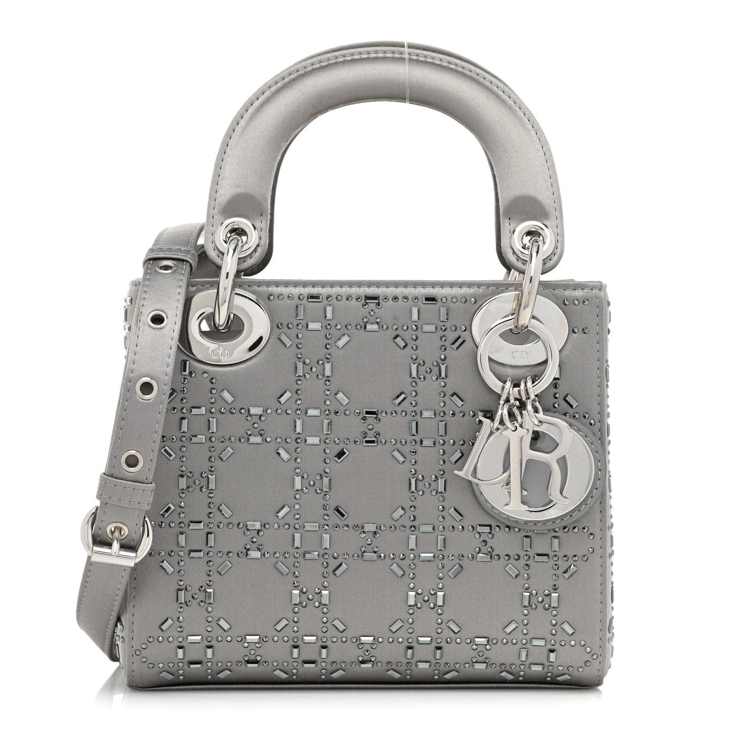 Satin Crystal Cannage Mini Lady Dior Gray
