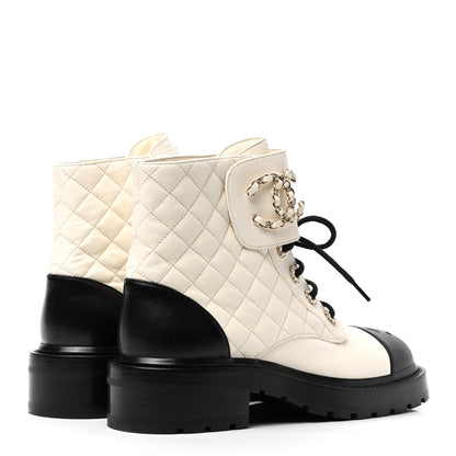Chanel Shiny Goatskin Calfskin Quilted Lace Up Combat Boots 38 Ivory Black 5 of 9