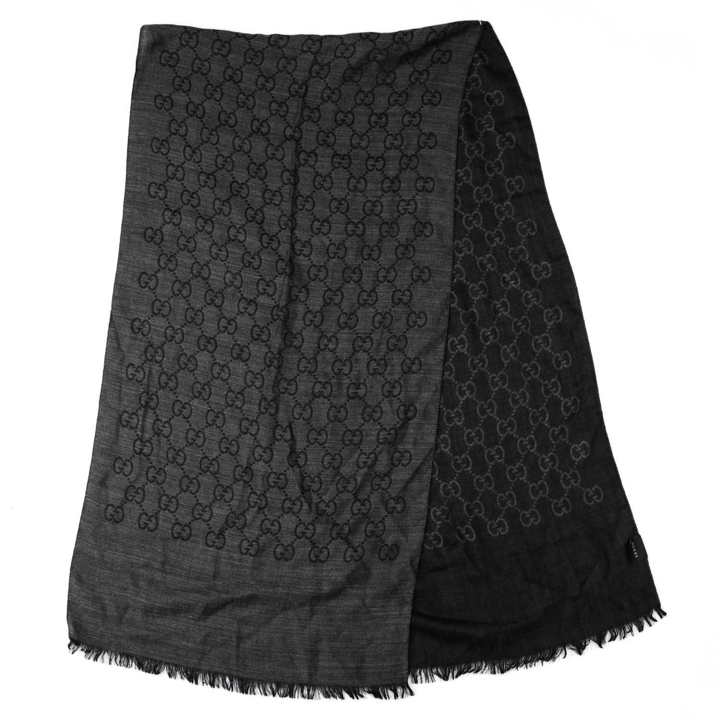 Wool Silk Monogram Fringe Scarf Grey Black