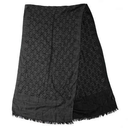 Gucci Wool Silk Monogram Fringe Scarf Grey Black 3 of 5
