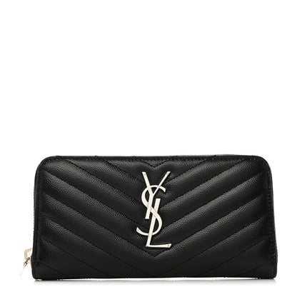 Saint Laurent SAINT LAURENT Grain De Poudre Matelasse Chevron Monogram Zip Around Wallet Black 1 of 7
