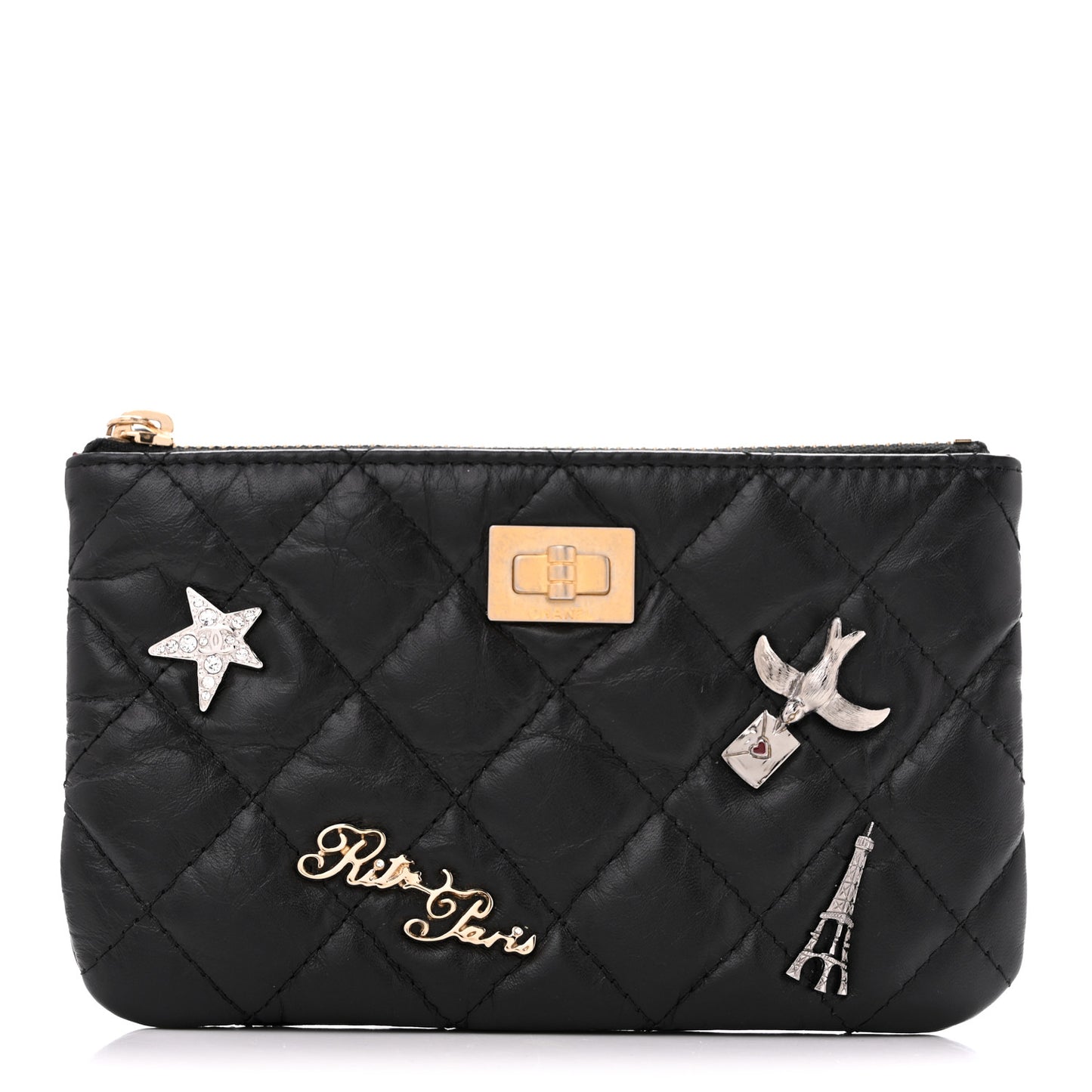 Aged Calfskin Quilted Small Lucky Charms Cosmetic Case Black