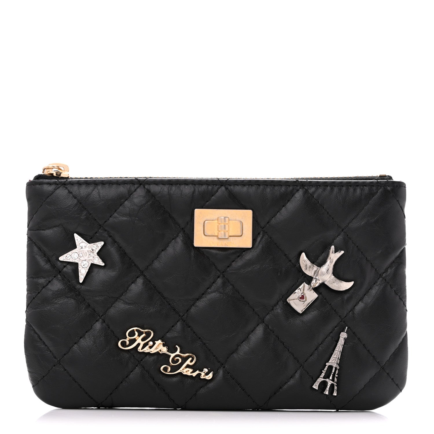 Chanel Aged Calfskin Quilted Small Lucky Charms Cosmetic Case Black 1 of 10