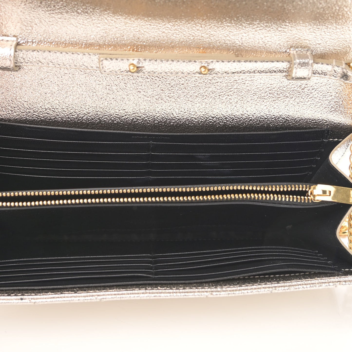Metallic Grain De Poudre Matelasse Chevron Monogram Chain Wallet Gold