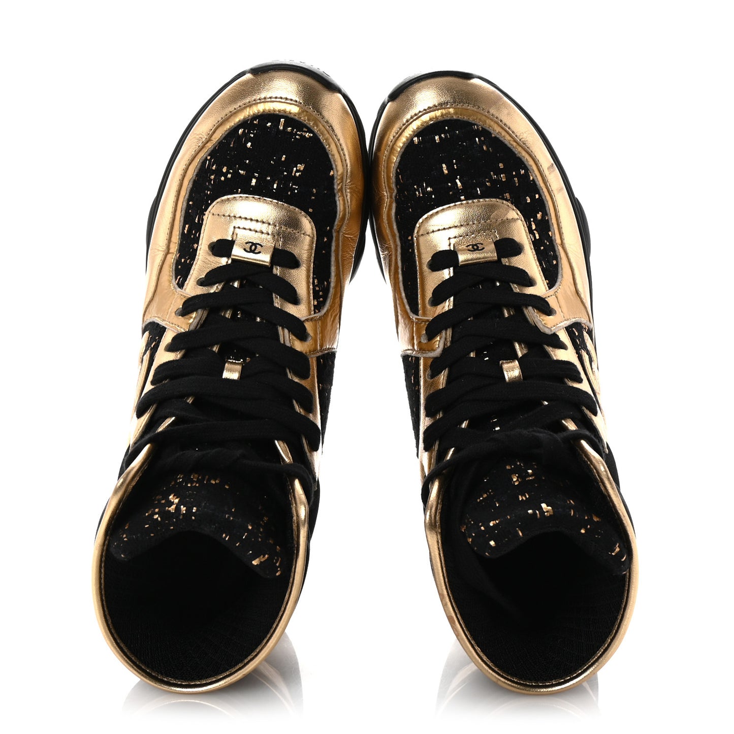 Satin Lambskin Fabric Tweed CC High Top Sneakers 37.5  Black Gold