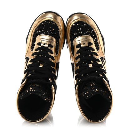 Chanel Satin Lambskin Fabric Tweed CC High Top Sneakers 37.5  Black Gold 2 of 9