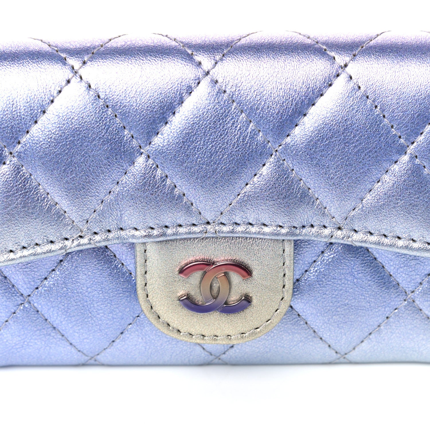 Chanel Gradient Metallic Calfskin Quilted Flap Card Holder Wallet Silver Blue Yellow Purple 5 of 10