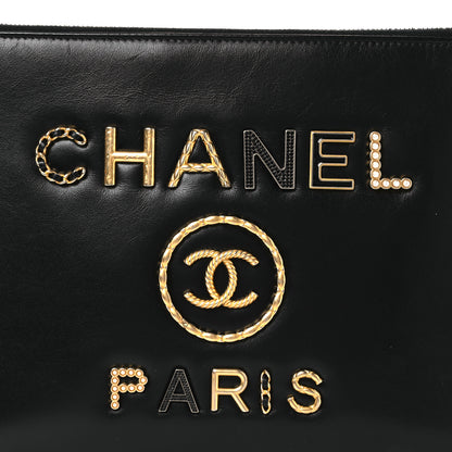 Chanel Shiny Calfskin Crystal Pearl Logo Cosmetic Case Black 8 of 11