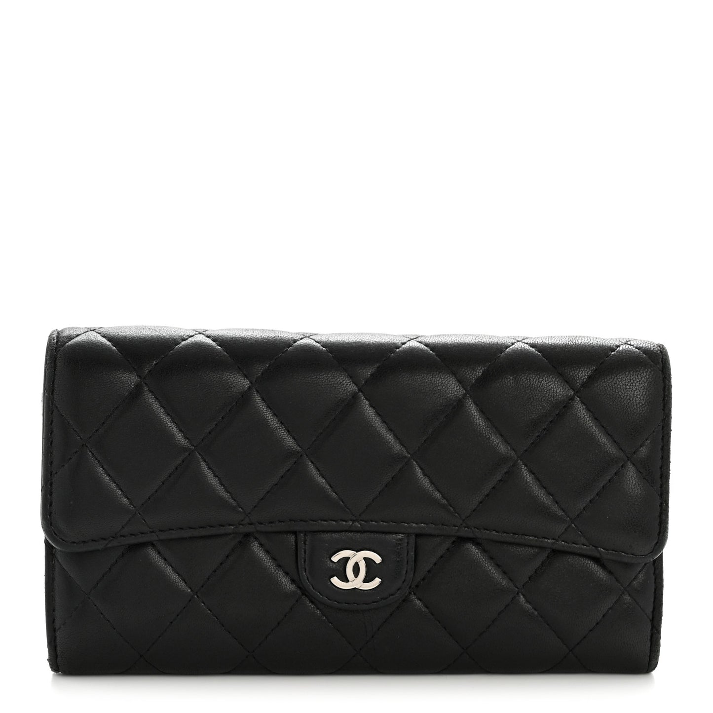 Lambskin Quilted Large Gusset Flap Wallet Black