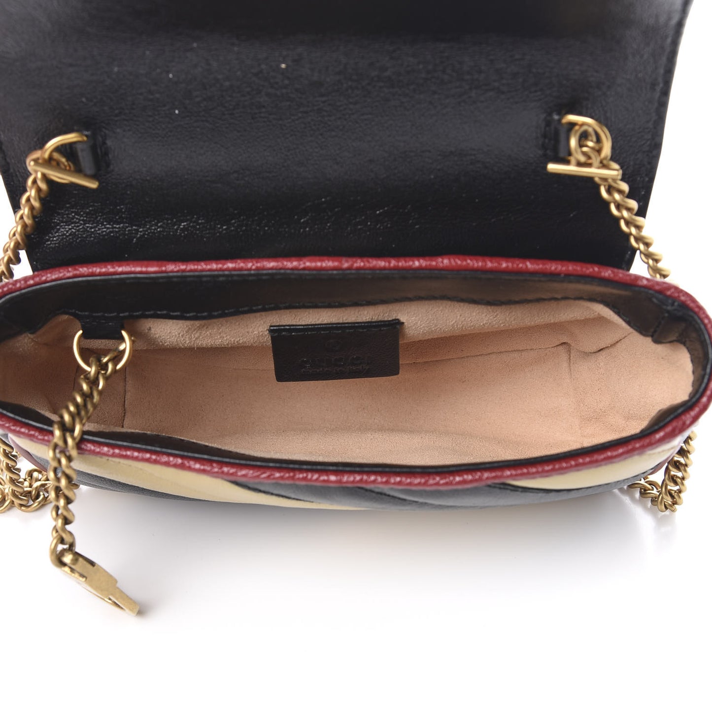 Vintage Effect Calfskin Matelasse Diagonal Striped Super Mini Torchon GG Marmont Shoulder Bag Black Beige