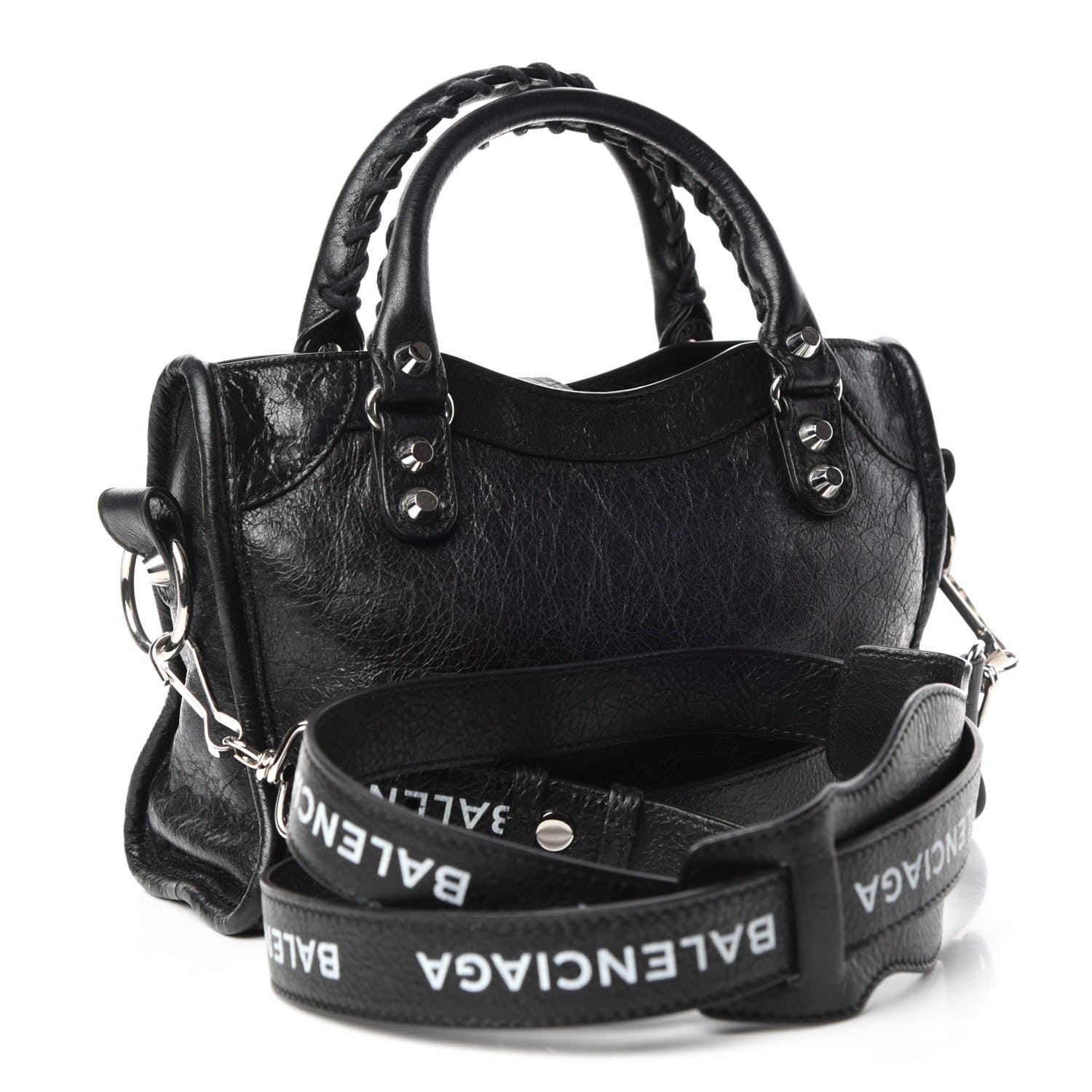 Balenciaga Agneau Classic Silver Hardware Mini City Logo Strap Black White 3 of 14