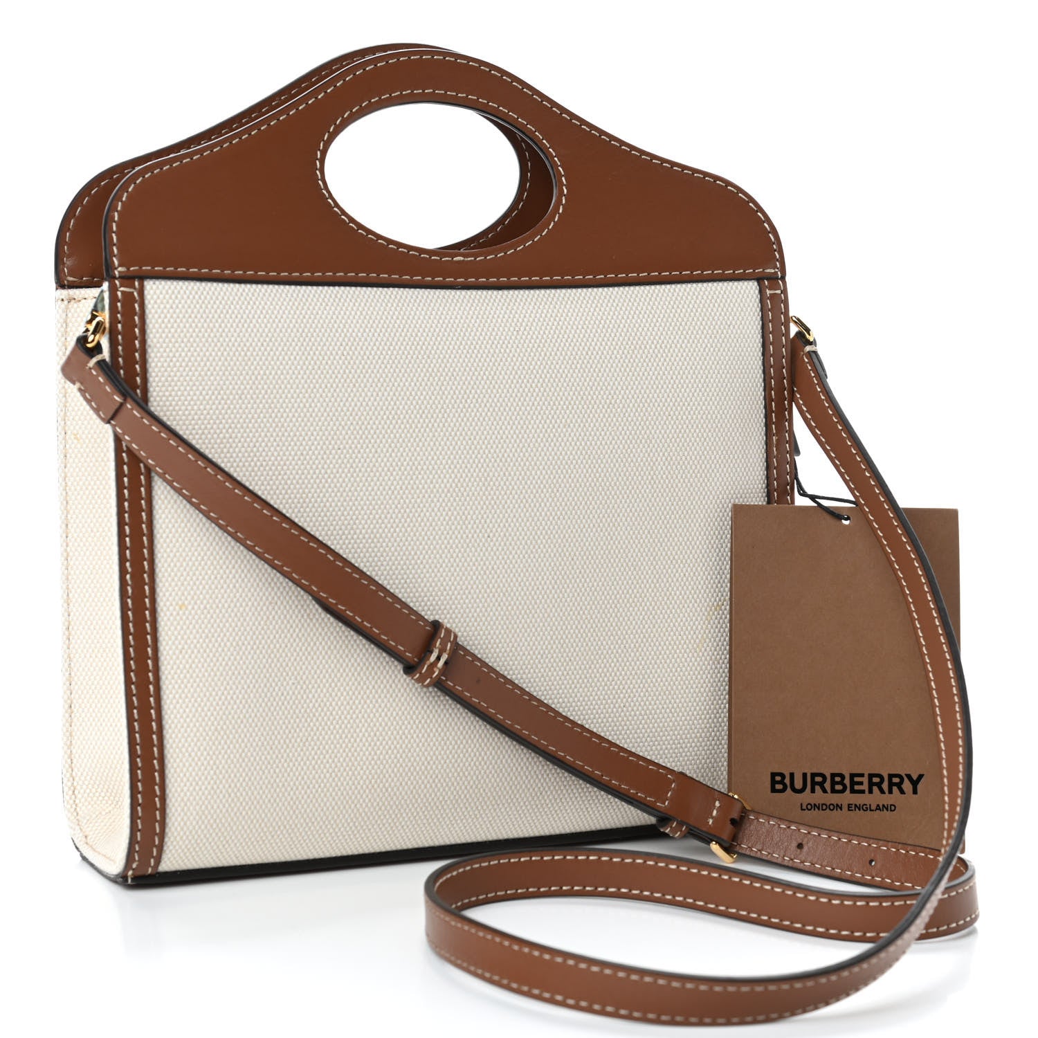Burberry Canvas Smooth Calfskin Two Tone Mini Pocket Bag Natural Malt Brown 2 of 4