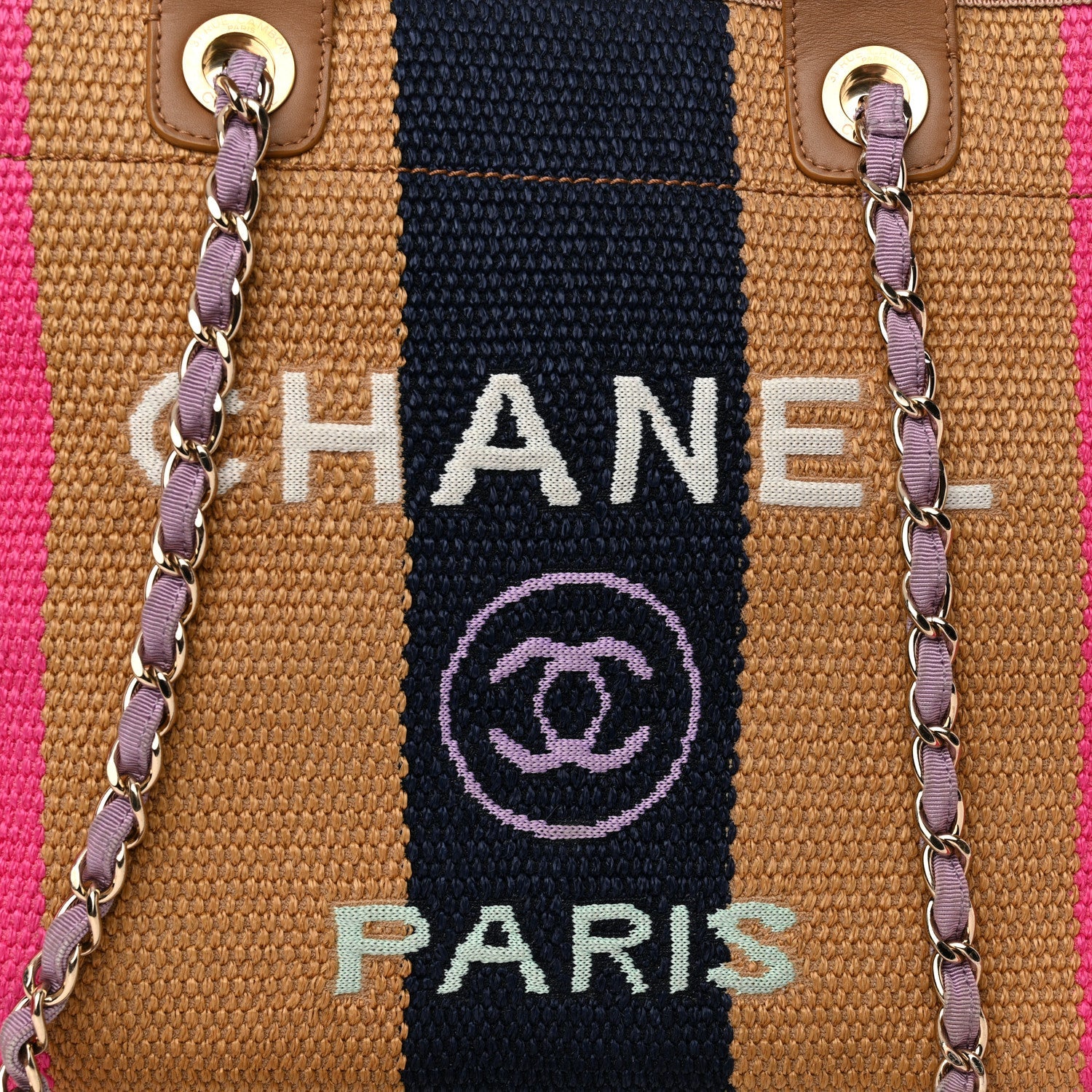 Chanel Straw Raffia Calfskin Striped Medium Deauville Tote Dark Beige Fuchsia Navy Blue 8 of 11