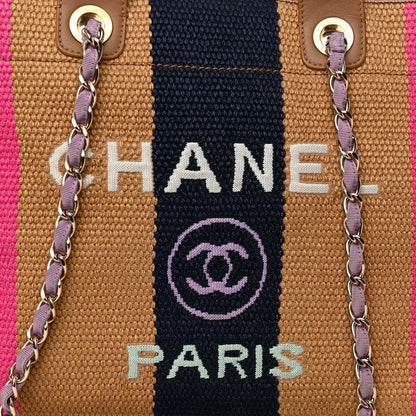 Chanel Straw Raffia Calfskin Striped Medium Deauville Tote Dark Beige Fuchsia Navy Blue 8 of 11