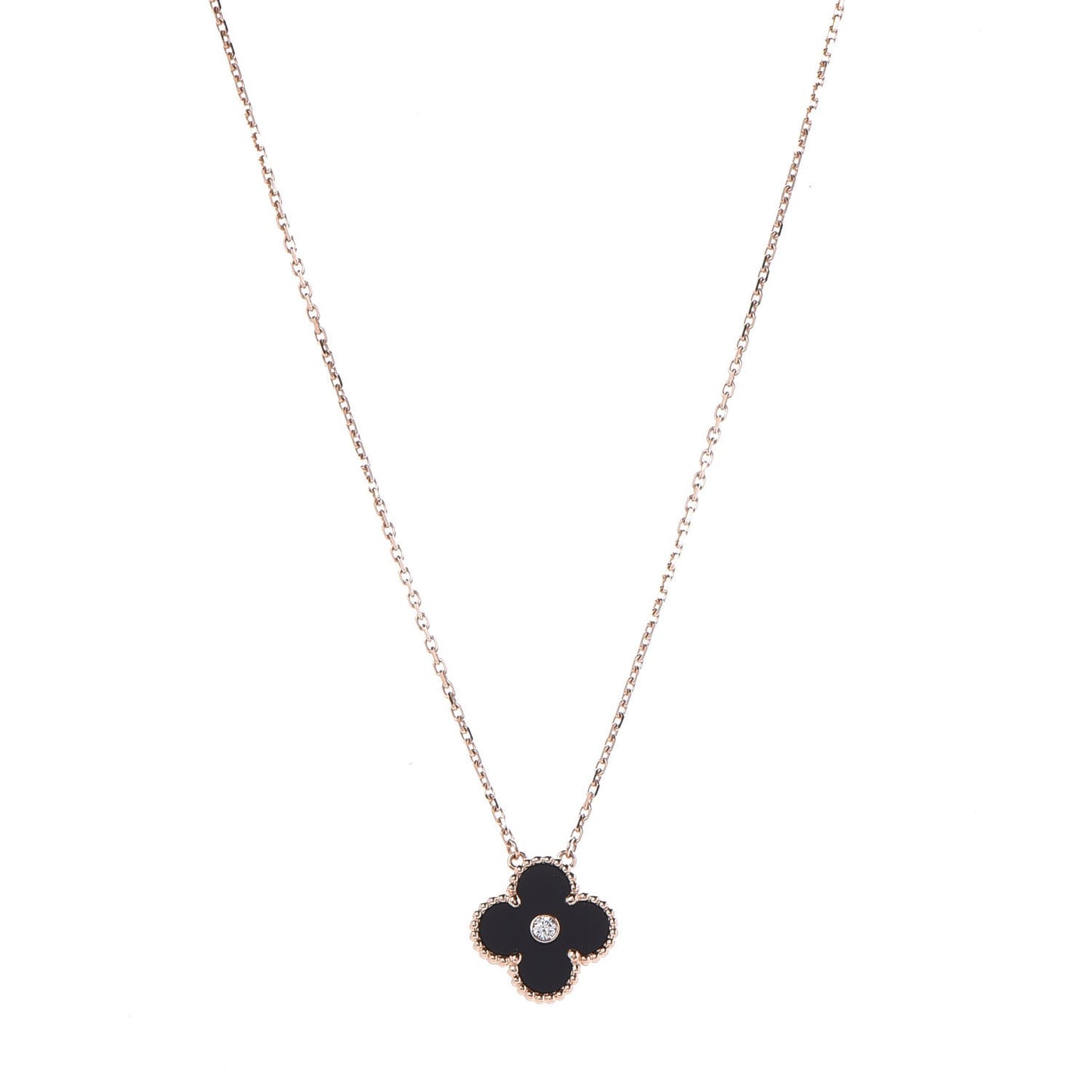 18K Rose Gold Diamond Black Onyx Vintage Alhambra Pendant Necklace