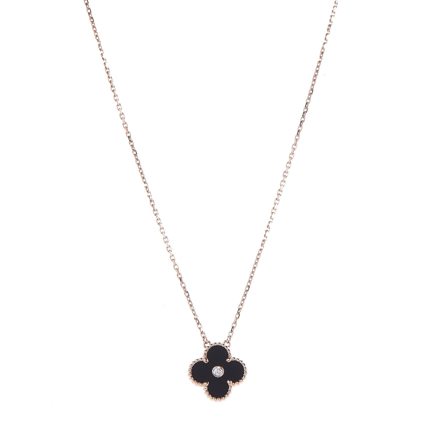 Van Cleef & Arpels 18K Rose Gold Diamond Black Onyx Vintage Alhambra Pendant Necklace 1 of 6