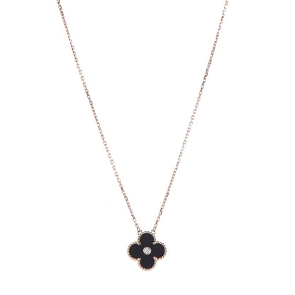 Van Cleef & Arpels 18K Rose Gold Diamond Black Onyx Vintage Alhambra Pendant Necklace 1 of 6