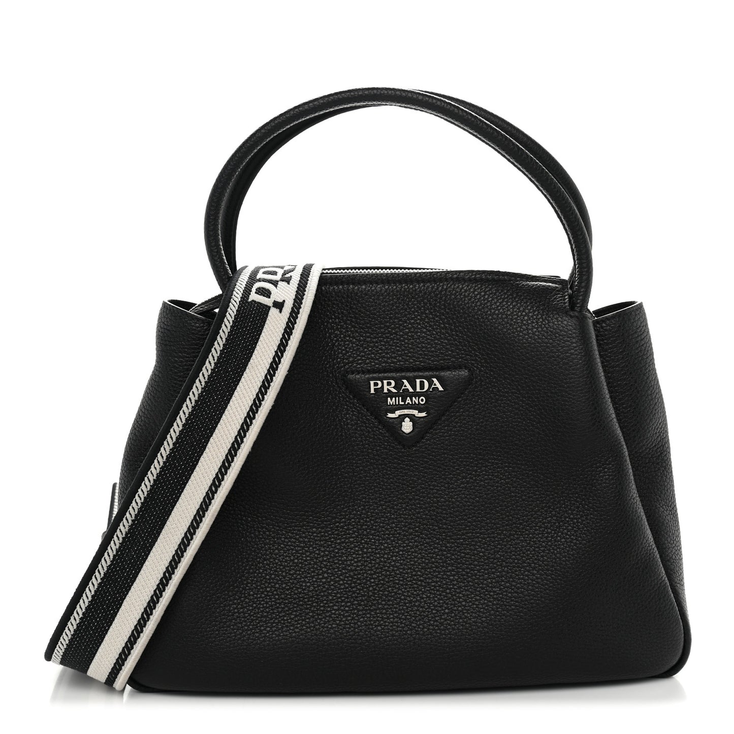 Vitello Daino Soft Medium Zippered Top Handle Bag Black
