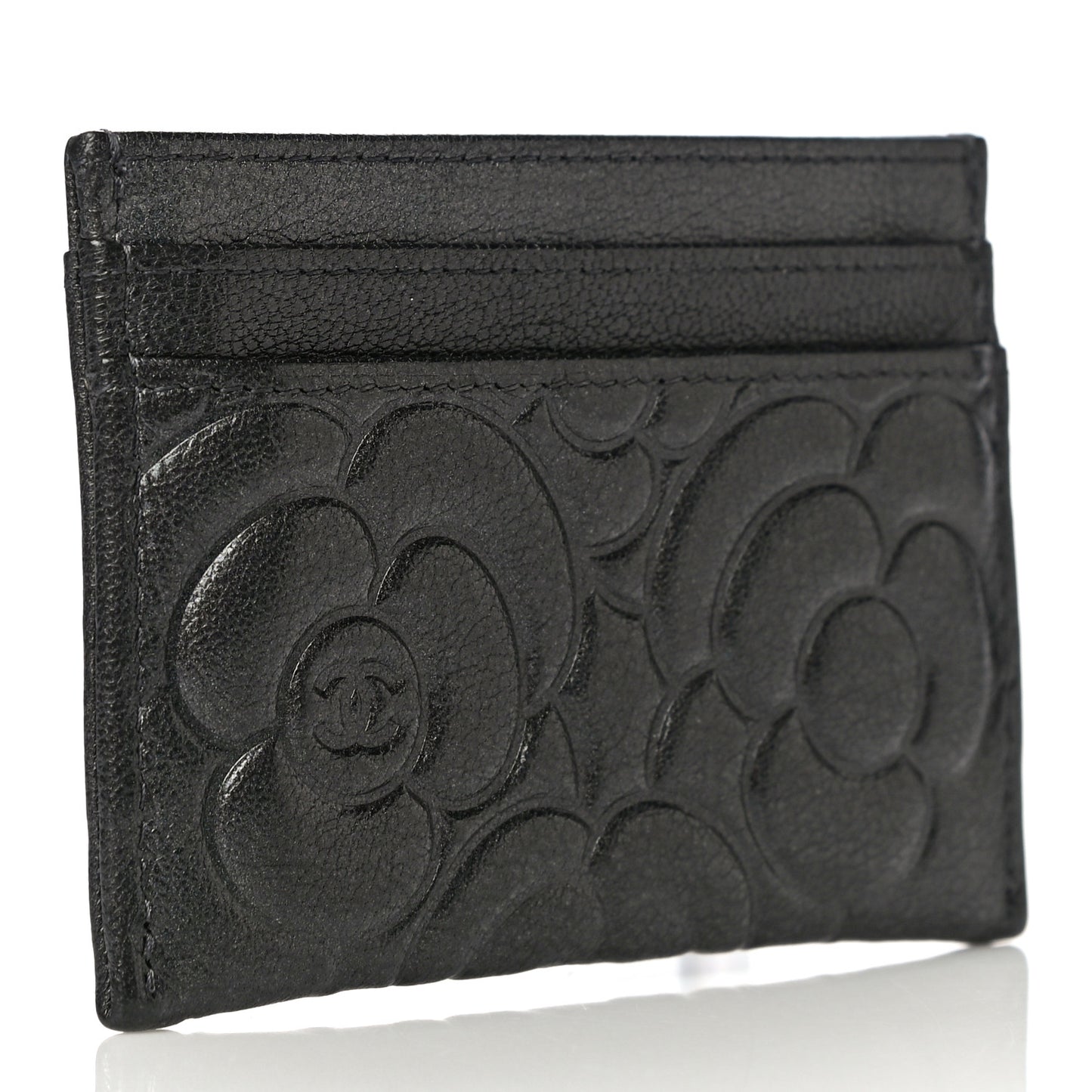 Goatskin Camellia Embossed Card Holder Grey