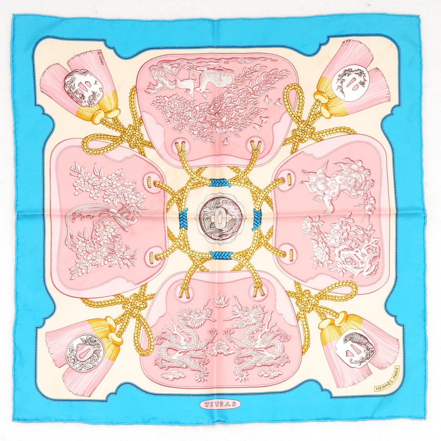 Silk Tsubas Pocket Square Scarf Beige Rose Sarcelle