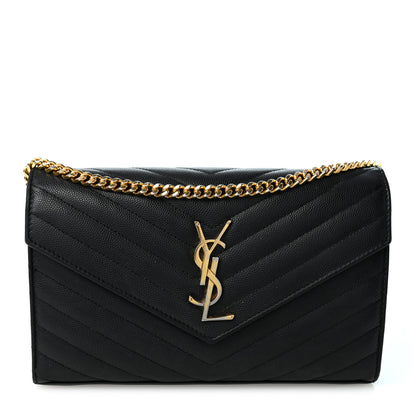 Saint Laurent Grain De Poudre Matelasse Chevron Monogram Chain Wallet Black 1 of 9