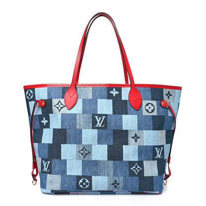 Louis Vuitton Denim Damier Monogram Patchwork Neverfull Blue Rouge 1 of 10