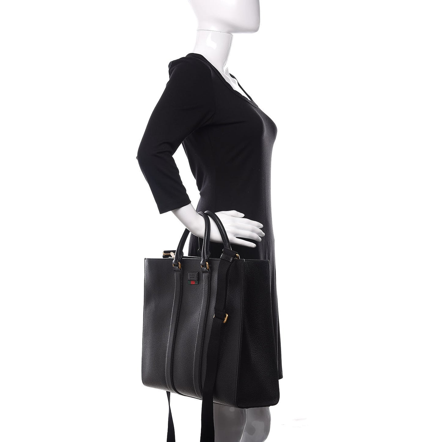 Grained Calfskin Web Top Handle Tote Black