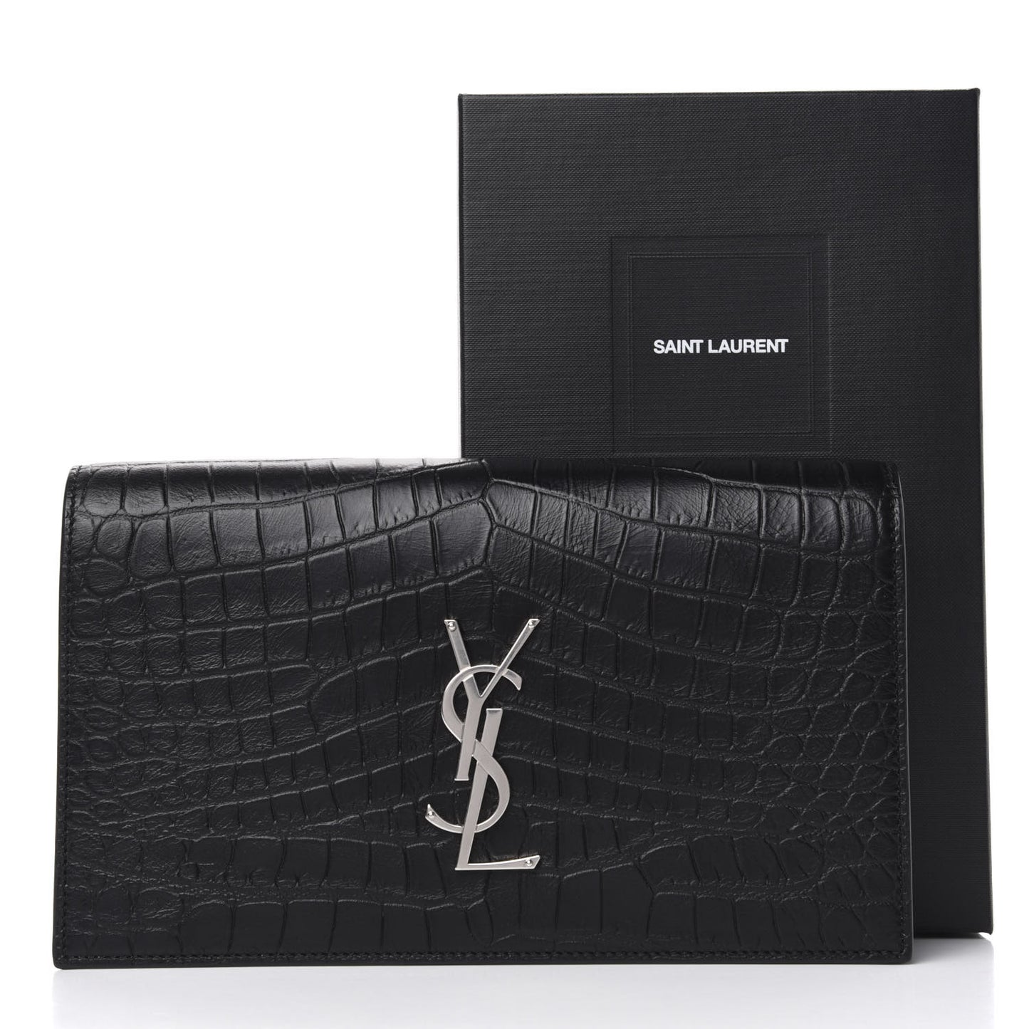 Calfskin Crocodile Embossed Classic Kate Monogram Clutch Black