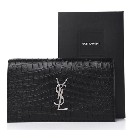 Saint Laurent Calfskin Crocodile Embossed Classic Kate Monogram Clutch Black 8 of 8