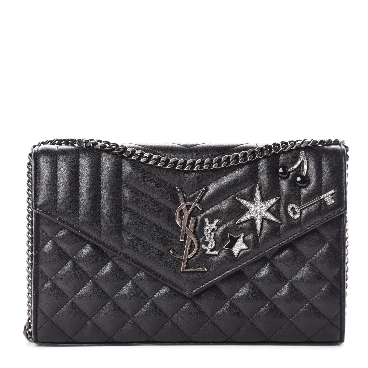Lambskin Mixed Matelasse Monogram Charms Chain Wallet Black