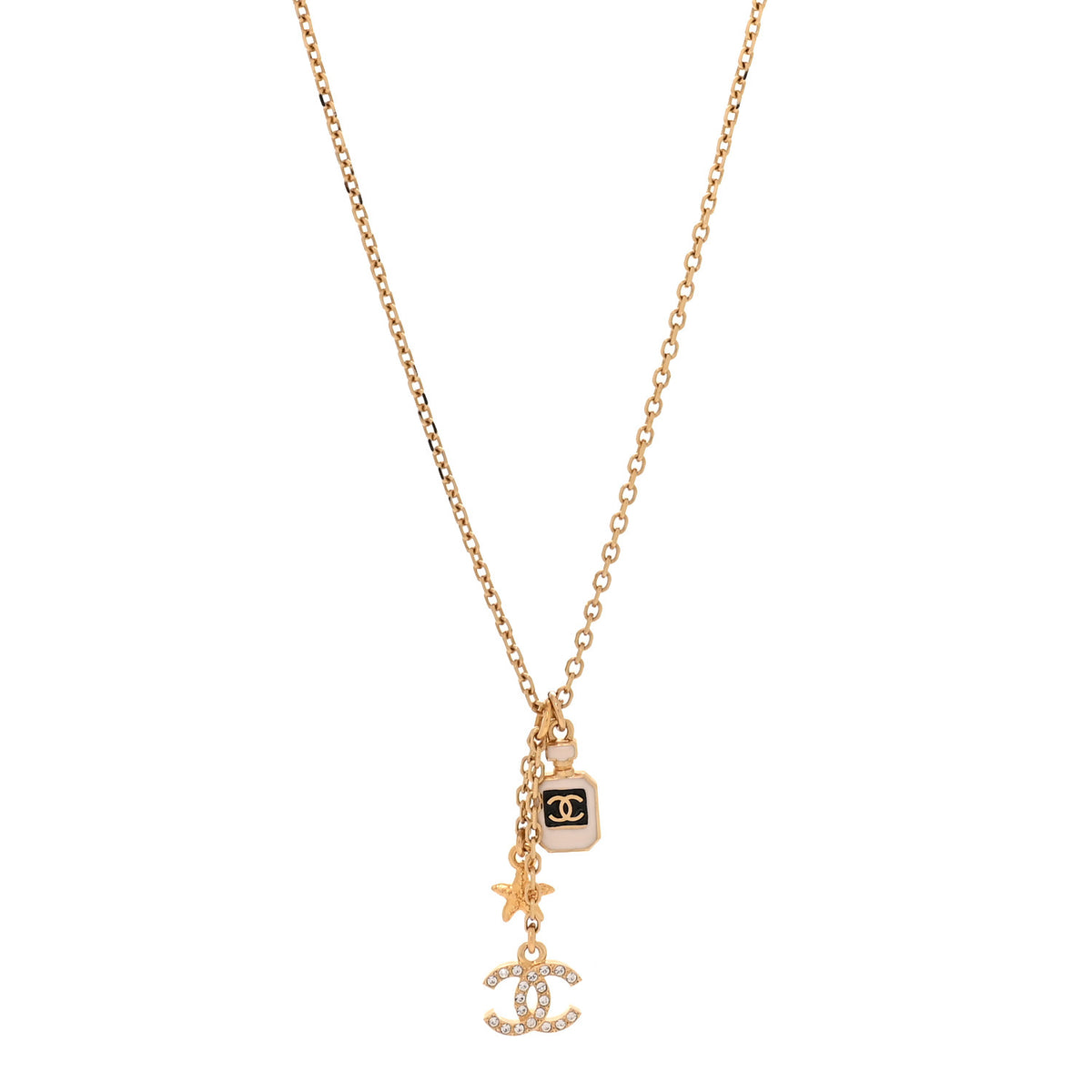 Metal Crystal CC Perfume Bottle Necklace Gold White