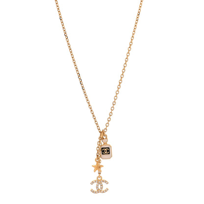 Chanel Metal Crystal CC Perfume Bottle Necklace Gold White 1 of 5