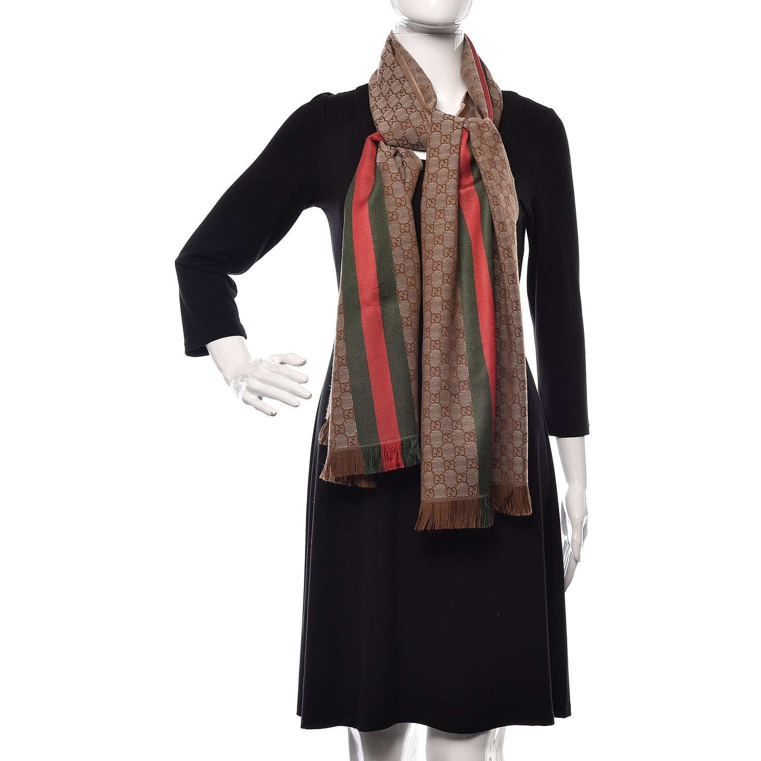 Gucci Wool Silk GG Monogram Web Verbier Fringe Scarf Light Brown Dark Green 2 of 4