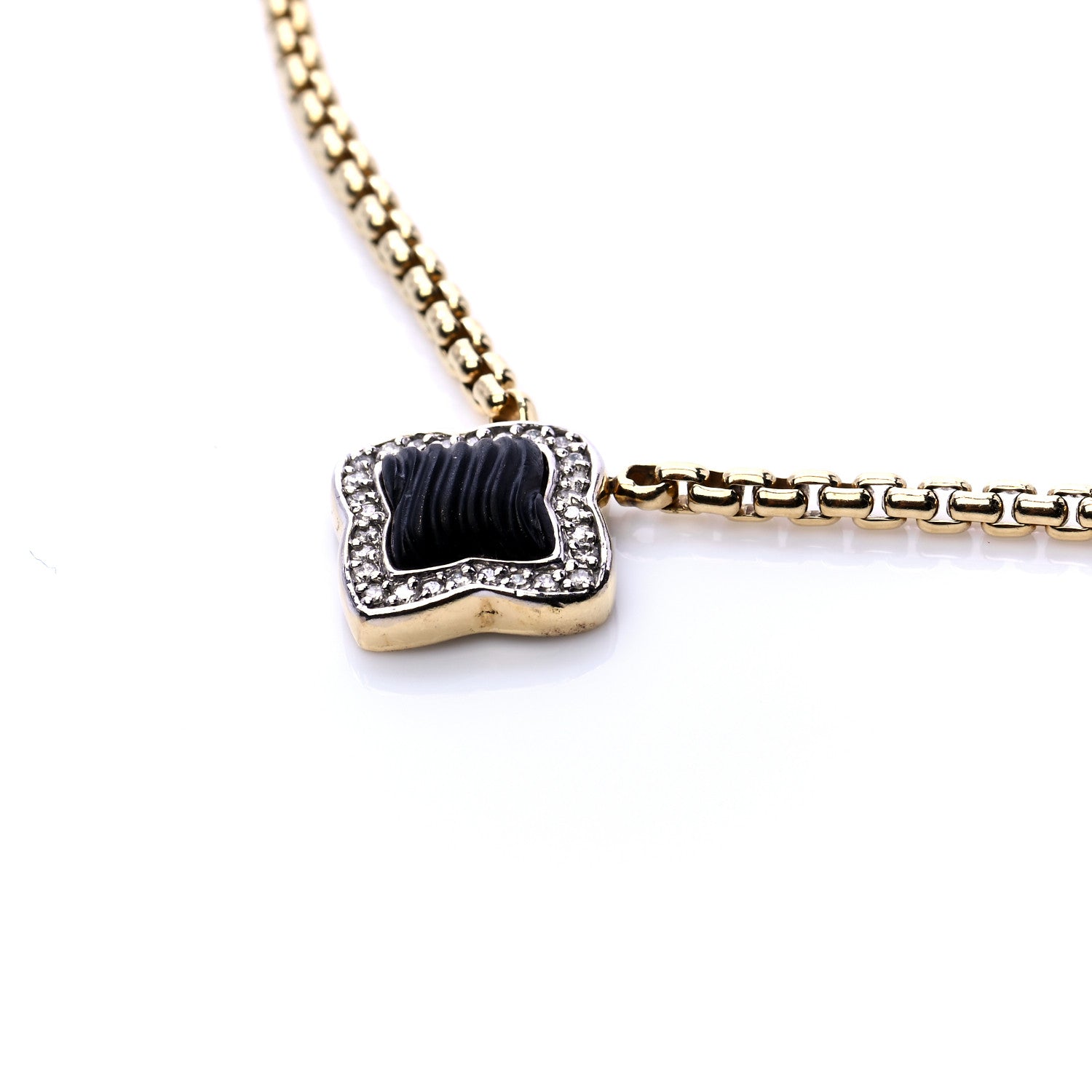 David Yurman 18K Yellow Gold Diamond Black Onyx Carved Quatrefoil Necklace 4 of 6