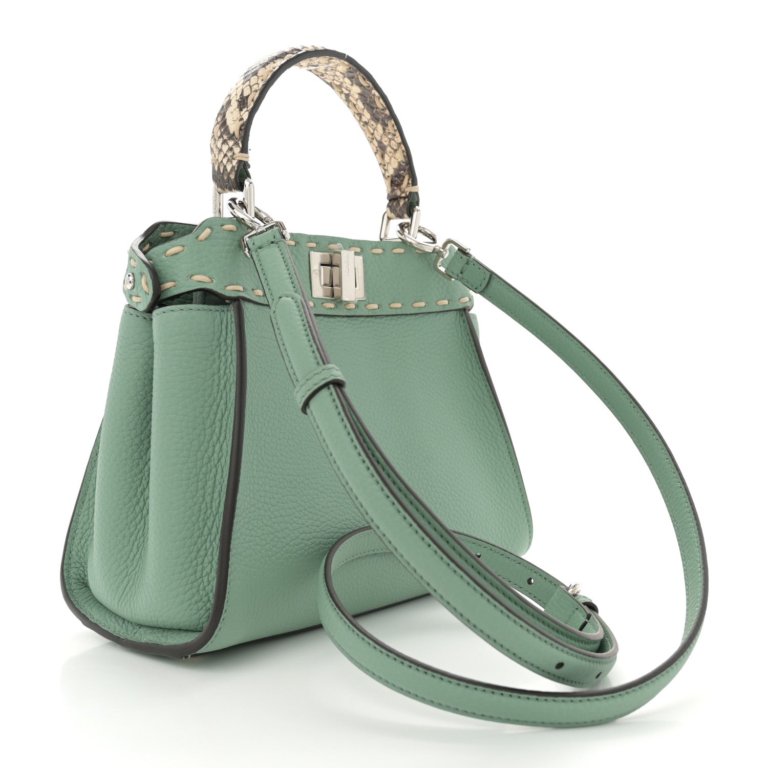 Fendi Cuoio Romano Snakeskin Selleria Mini Peekaboo Iconic Satchel Mint Stone 3 of 11