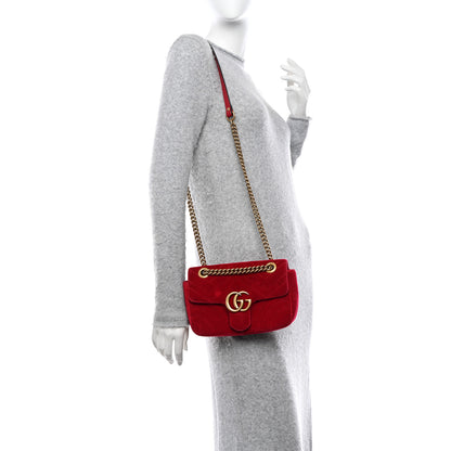Gucci Velvet Matelasse Mini GG Marmont Shoulder Bag Hibiscus Red 2 of 10